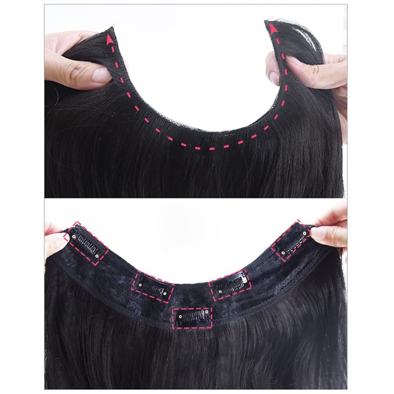 LesafeV Medium Length 12" Wavy U-Shape Part Half Wig One Piece Clip in Hair Extension Black Brown - Image 3